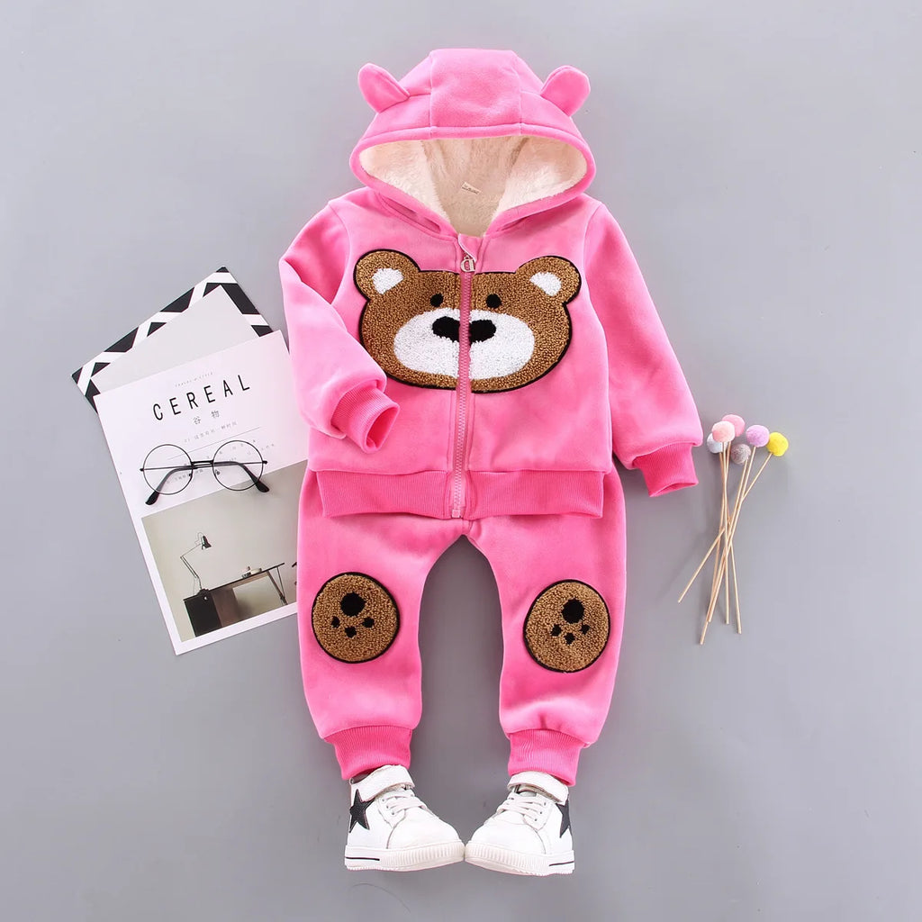 Warm Baby Girls Clothing Set Winter Thick Plush Cotton Clothing Sets For Baby Girls Hoodies And Pants Kids Suit Children Clothes