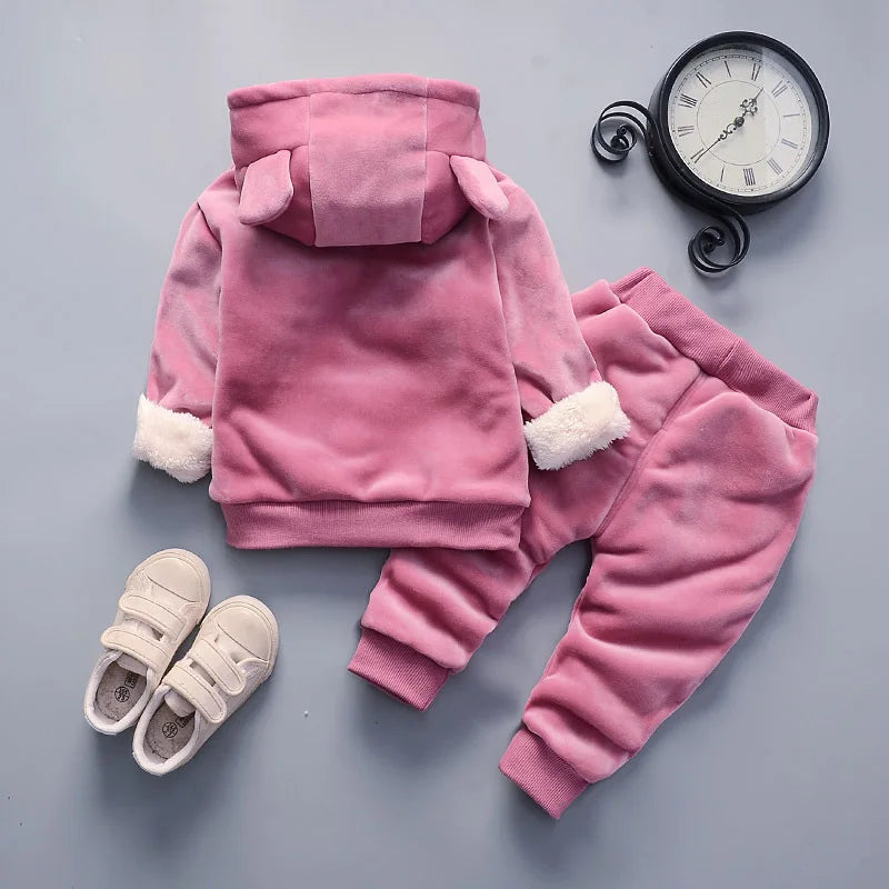 Warm Baby Girls Clothing Set Winter Thick Plush Cotton Clothing Sets For Baby Girls Hoodies And Pants Kids Suit Children Clothes