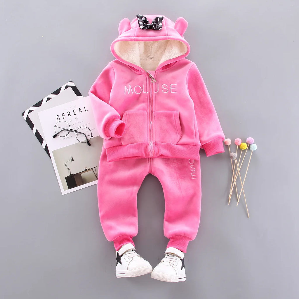 Warm Baby Girls Clothing Set Winter Thick Plush Cotton Clothing Sets For Baby Girls Hoodies And Pants Kids Suit Children Clothes