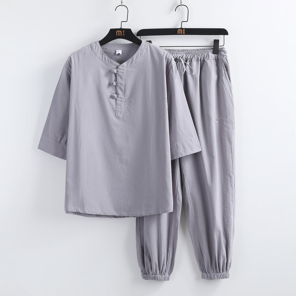 Linen Short Sleeve Suit Buckle Half Sleeve Hanfu Lay Buddhist Clothes
