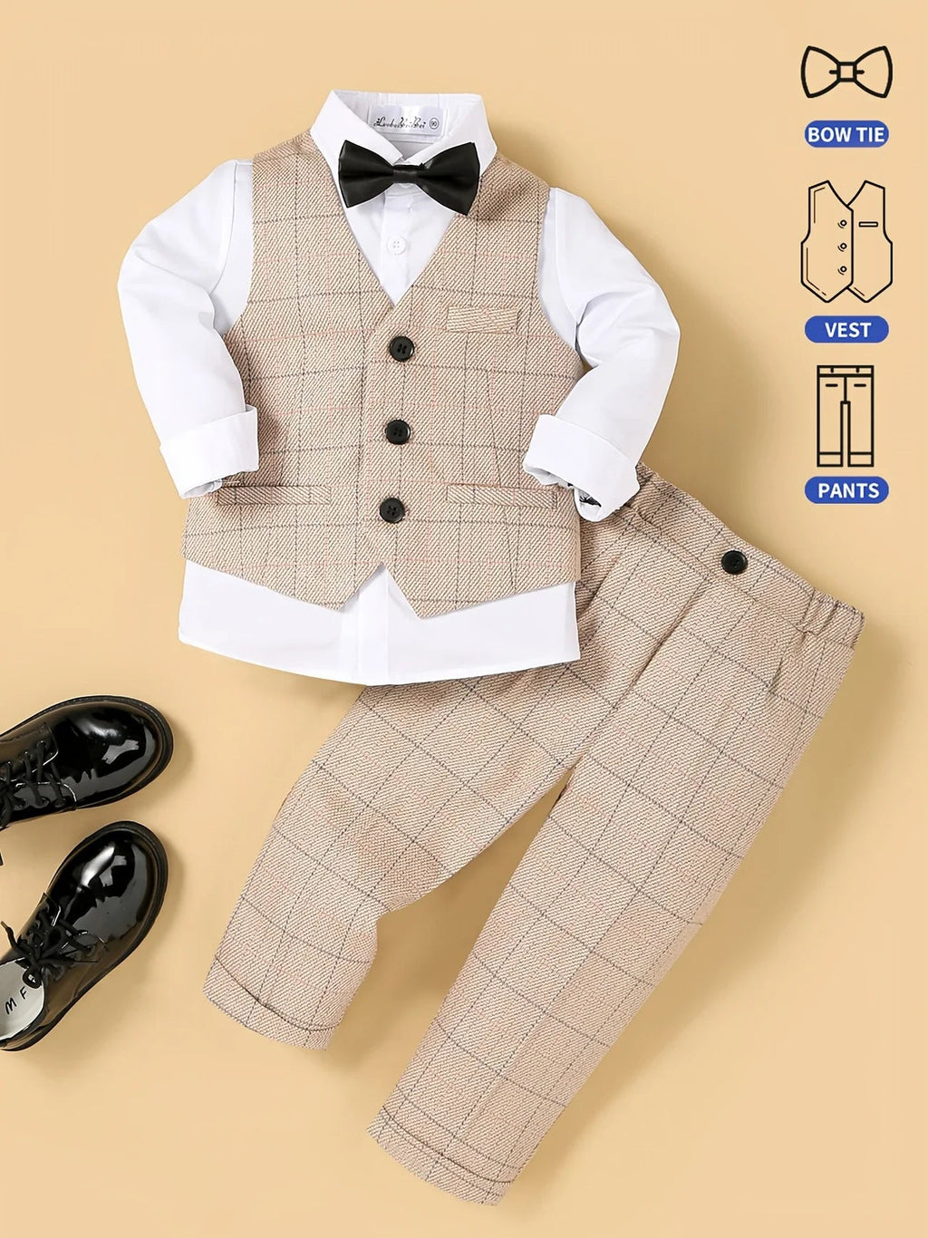 Flower Boy Attire for Weddings Kids Formal Vest Pants Bowtie 3Pieces Outfit Suti for Piano Host Speech Performance - Namma Angadi