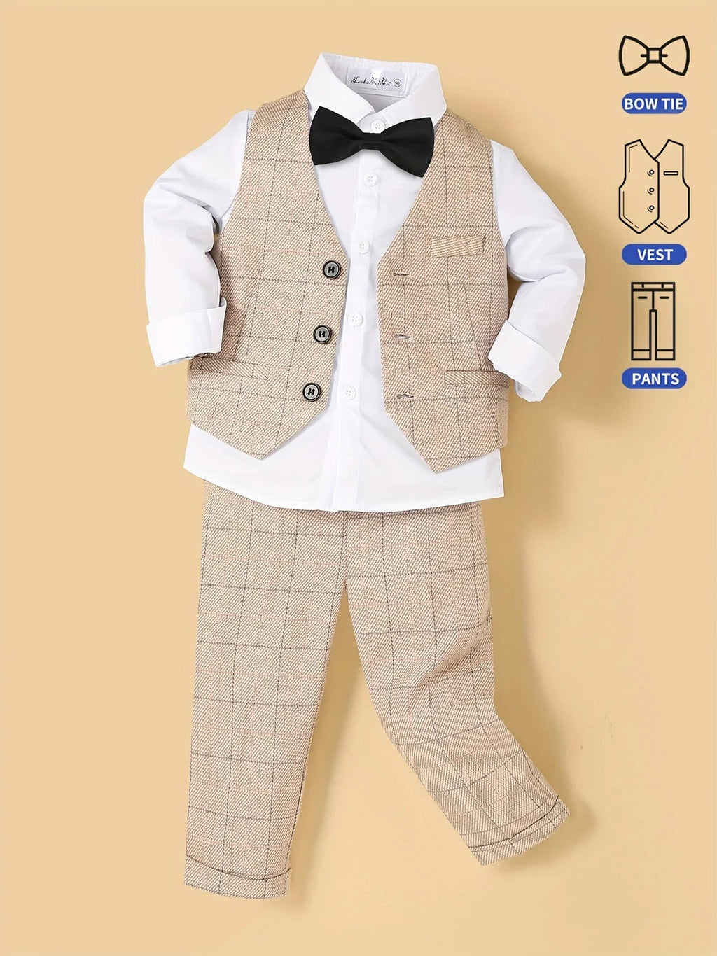 Flower Boy Attire for Weddings Kids Formal Vest Pants Bowtie 3Pieces Outfit Suti for Piano Host Speech Performance - Namma Angadi