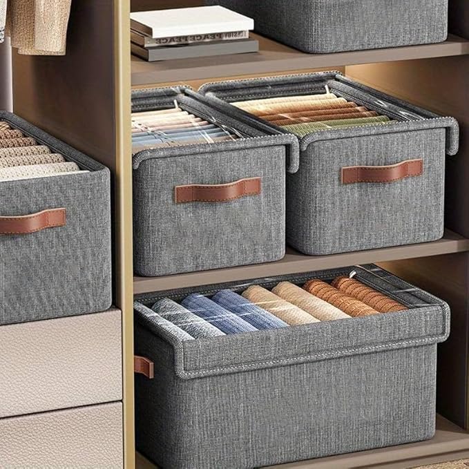 Folding Storage Boxes with Lid, Large Clear Collapsible Stackable Storage Boxes Foldable Fabric Linen Storage Box Cubes, Closet Organizer Baskets with Labels for Home - Namma Angadi