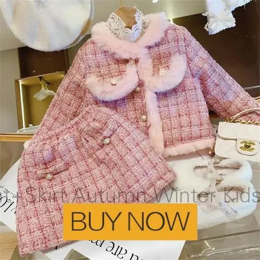 Girl 2 Piece Tweed Set Winter Suit Clothes for 1 - 10Years Children's Cotton Padded Jacket Coat+Skirt New Kids Classic Outfits - Namma Angadi