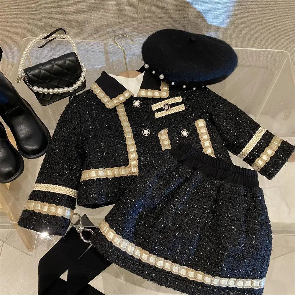 Girl 2 Piece Tweed Set Winter Suit Clothes for 1 - 10Years Children's Cotton Padded Jacket Coat+Skirt New Kids Classic Outfits - Namma Angadi