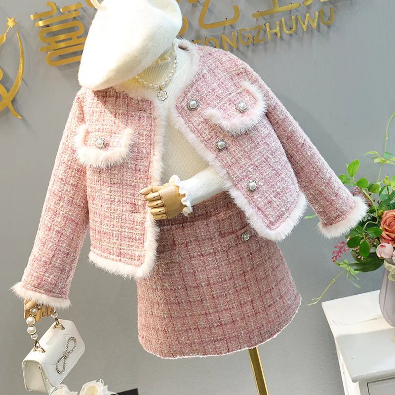 Girl 2 Piece Tweed Set Winter Suit Clothes for 1 - 10Years Children's Cotton Padded Jacket Coat+Skirt New Kids Classic Outfits - Namma Angadi