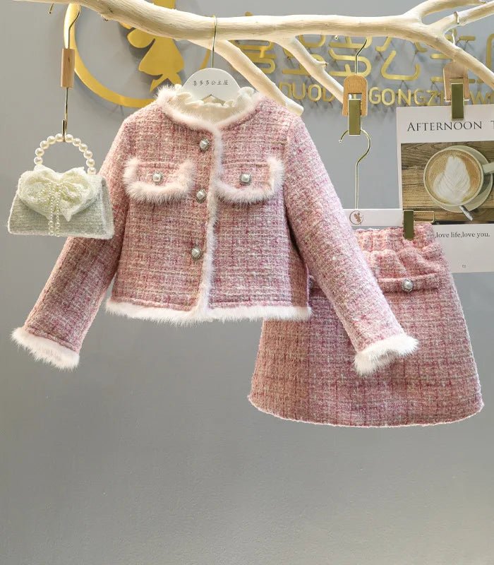 Girl 2 Piece Tweed Set Winter Suit Clothes for 1 - 10Years Children's Cotton Padded Jacket Coat+Skirt New Kids Classic Outfits - Namma Angadi