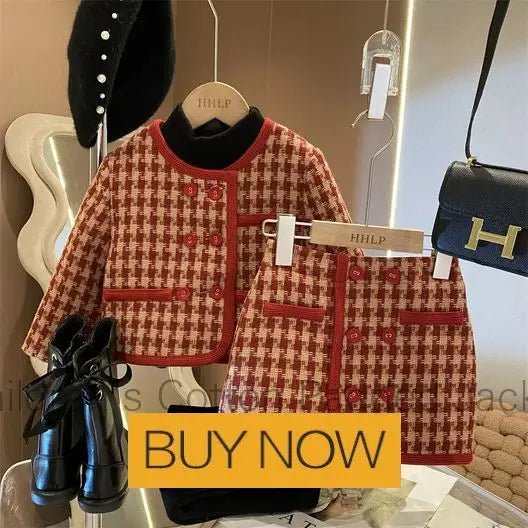 Girl 2 Piece Tweed Set Winter Suit Clothes for 1 - 10Years Children's Cotton Padded Jacket Coat+Skirt New Kids Classic Outfits - Namma Angadi