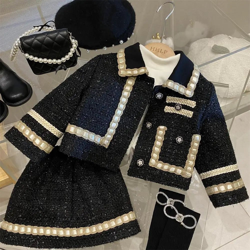 Girl 2 Piece Tweed Set Winter Suit Clothes for 1 - 10Years Children's Cotton Padded Jacket Coat+Skirt New Kids Classic Outfits - Namma Angadi