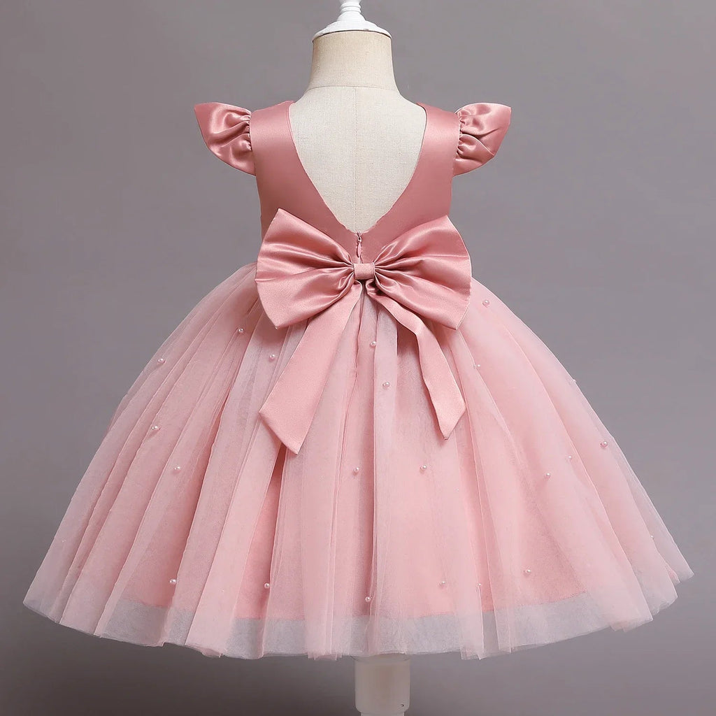 Girls Flower Birthday Tulle Dress Backless Bow Gown Kids Party 1 - 5Yrs Toddler Wear Princess Pink Dresses Baby Girl Bowknot Dress - Namma Angadi