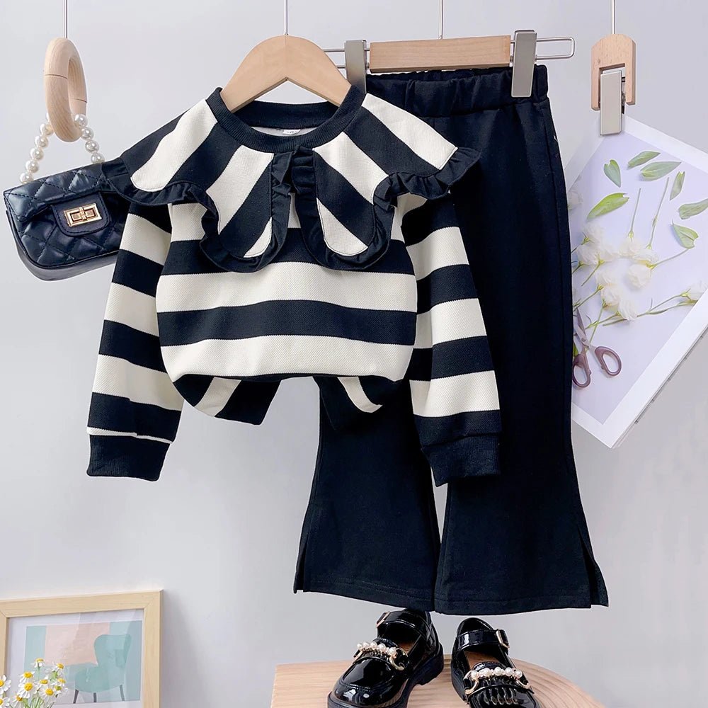 Girls' Long Sleeve Set Autumn and Winter New Girls' Large Lapel Pleated Stripe Top+Bell - bottoms Two Piece Girls' Set - Namma Angadi