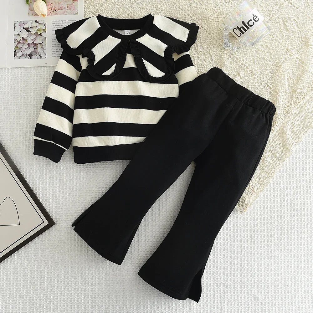 Girls' Long Sleeve Set Autumn and Winter New Girls' Large Lapel Pleated Stripe Top+Bell - bottoms Two Piece Girls' Set - Namma Angadi
