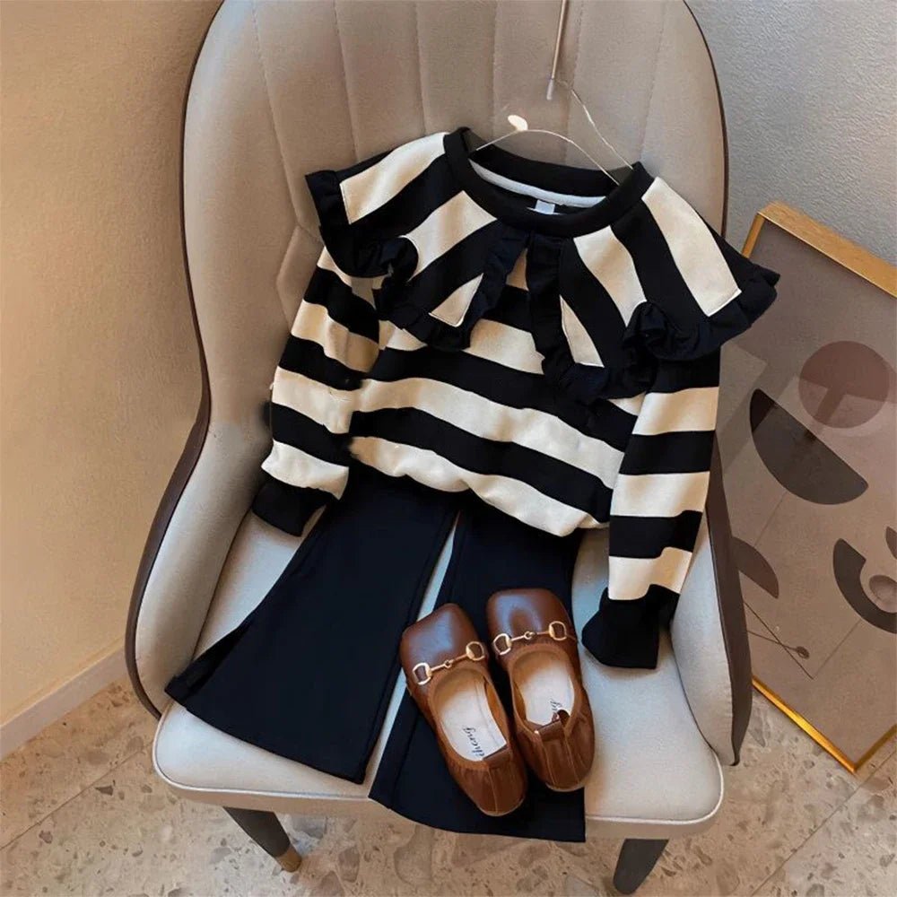 Girls' Long Sleeve Set Autumn and Winter New Girls' Large Lapel Pleated Stripe Top+Bell - bottoms Two Piece Girls' Set - Namma Angadi
