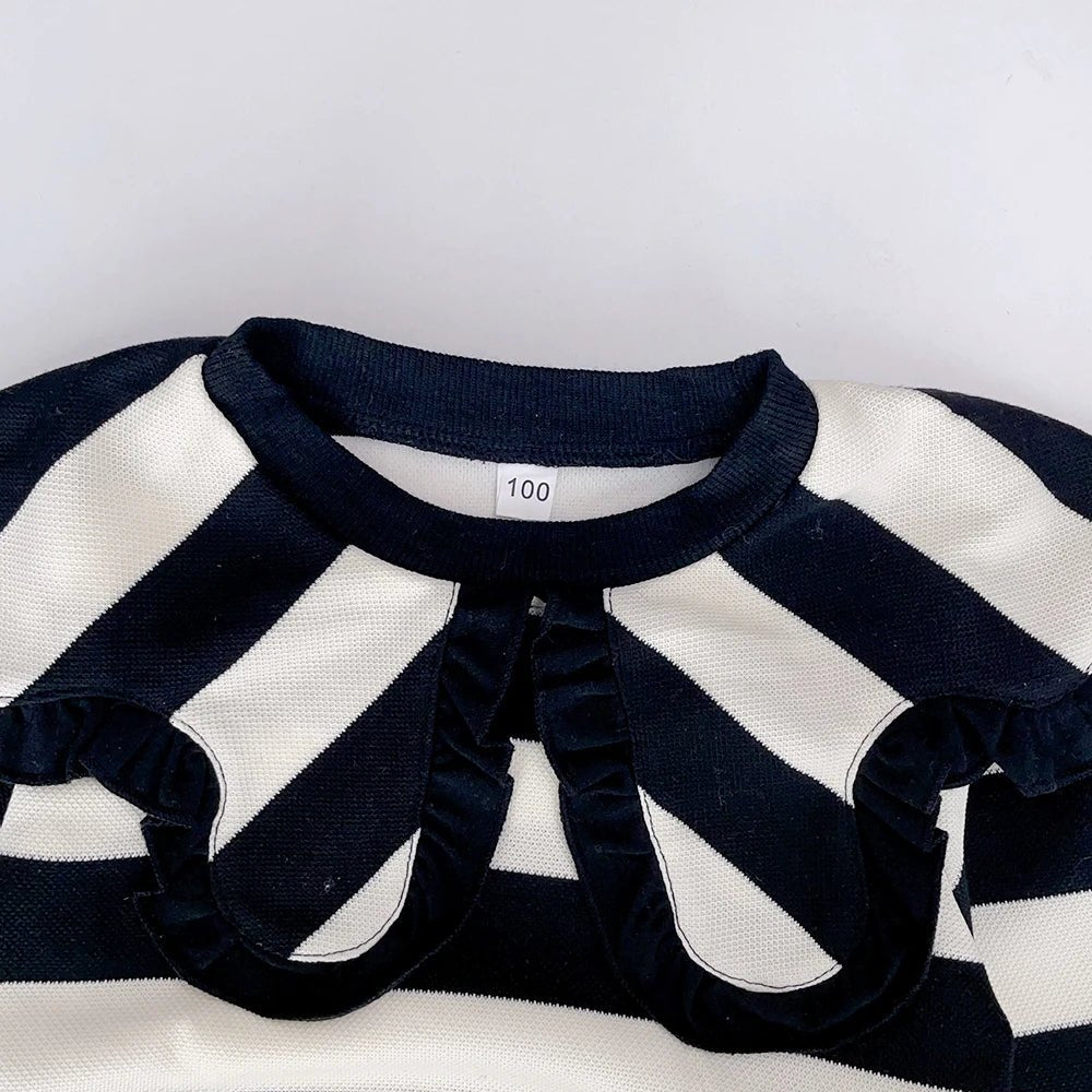 Girls' Long Sleeve Set Autumn and Winter New Girls' Large Lapel Pleated Stripe Top+Bell - bottoms Two Piece Girls' Set - Namma Angadi