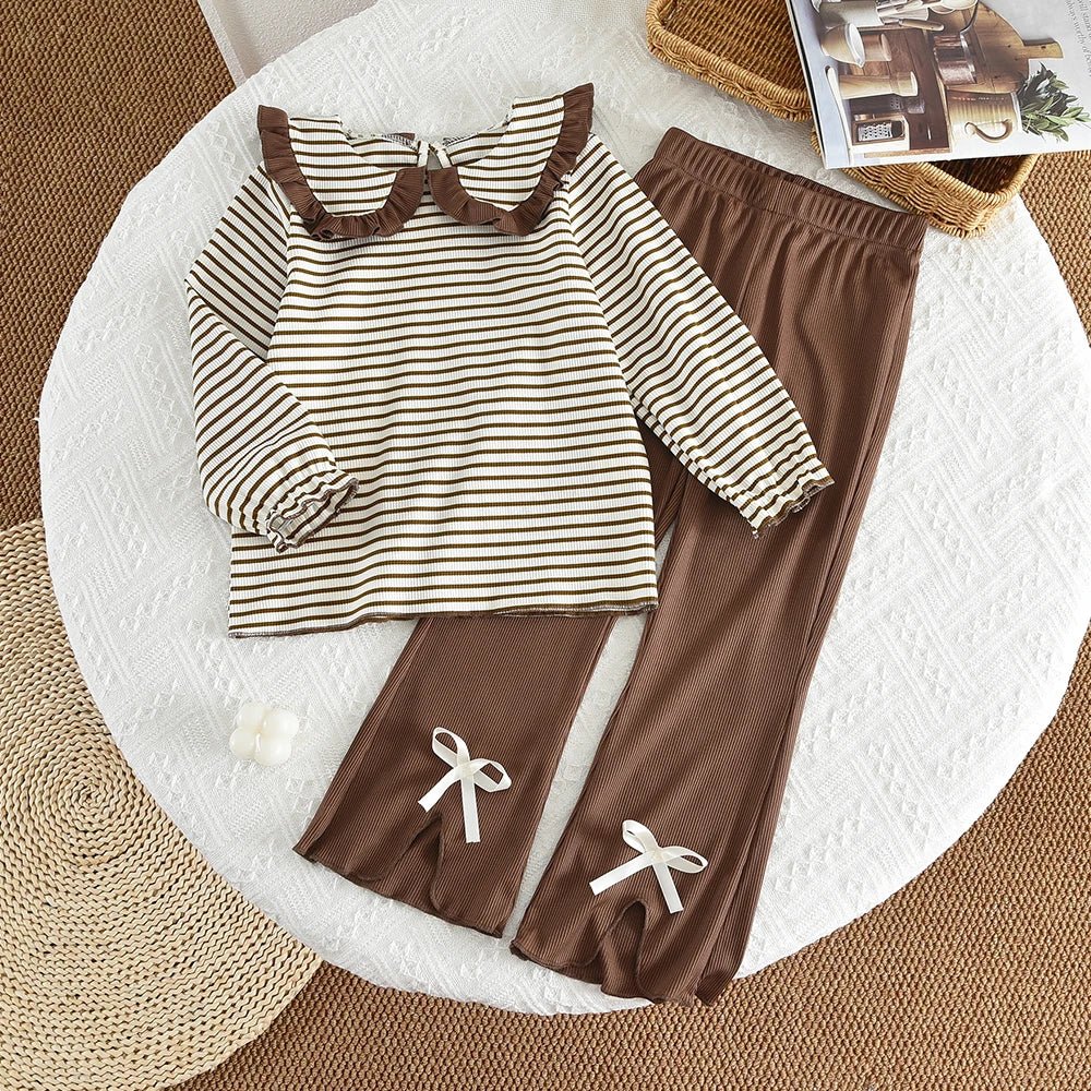 Girls' Long Sleeve Set Autumn and Winter New Girls' Large Lapel Pleated Stripe Top+Bell - bottoms Two Piece Girls' Set - Namma Angadi