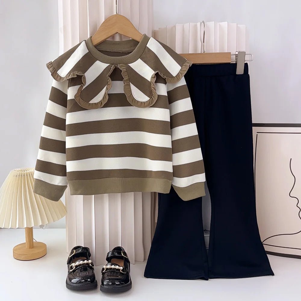 Girls' Long Sleeve Set Autumn and Winter New Girls' Large Lapel Pleated Stripe Top+Bell - bottoms Two Piece Girls' Set - Namma Angadi