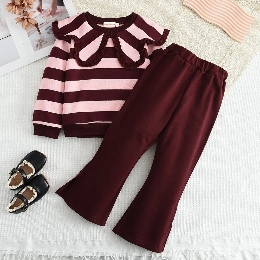 Girls' Long Sleeve Set Autumn and Winter New Girls' Large Lapel Pleated Stripe Top+Bell - bottoms Two Piece Girls' Set - Namma Angadi