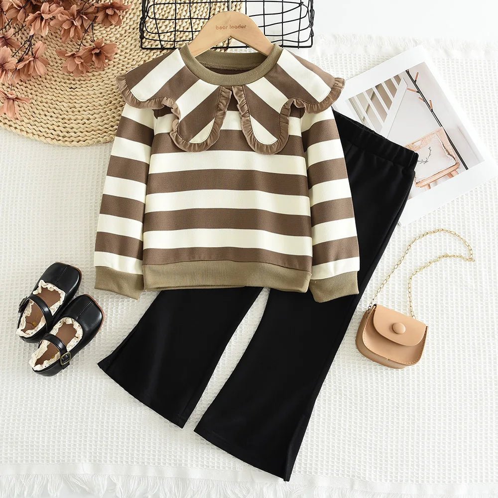 Girls' Long Sleeve Set Autumn and Winter New Girls' Large Lapel Pleated Stripe Top+Bell - bottoms Two Piece Girls' Set - Namma Angadi