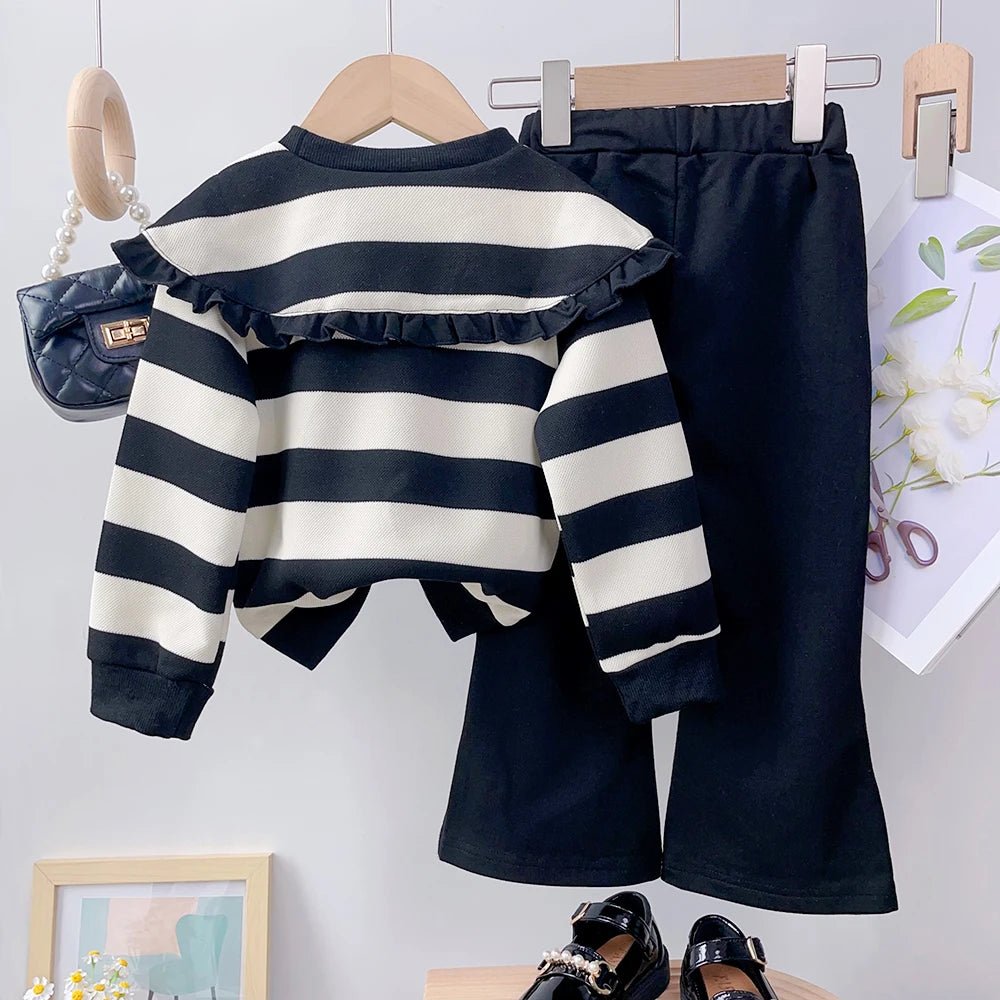 Girls' Long Sleeve Set Autumn and Winter New Girls' Large Lapel Pleated Stripe Top+Bell - bottoms Two Piece Girls' Set - Namma Angadi