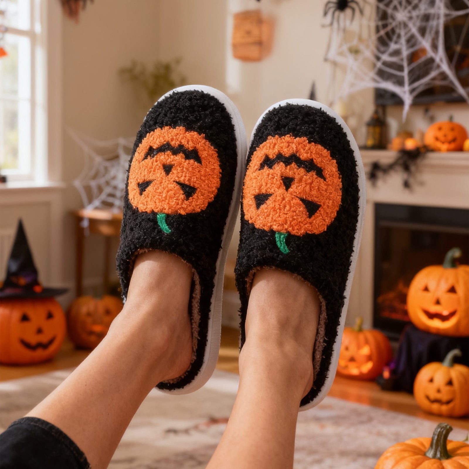 Halloween Pumpkin Cartoon Slippers Warm Winter Slippers Men And Women Couples Indoor House Shoes - Namma Angadi