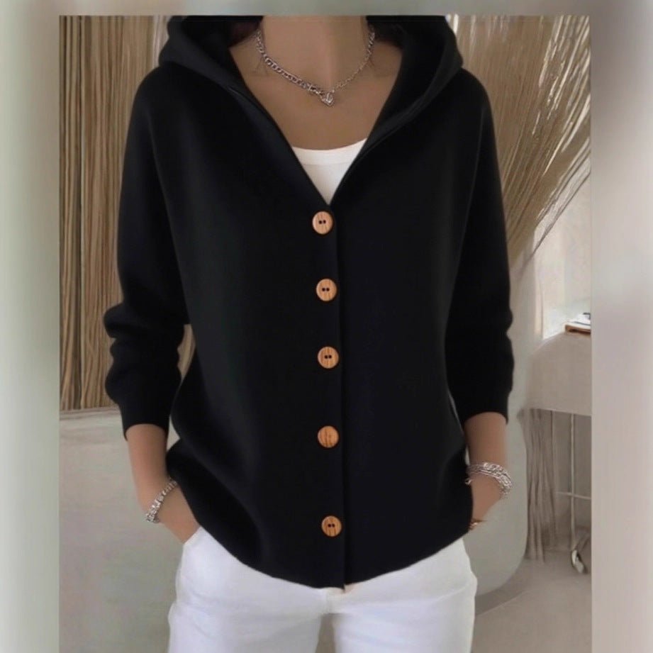Ins Button Hooded Sweater Fashion Autumn And Winter Knitted Cardigan Casual Commuter Long Sleeve Top Women's Clothing - Namma Angadi