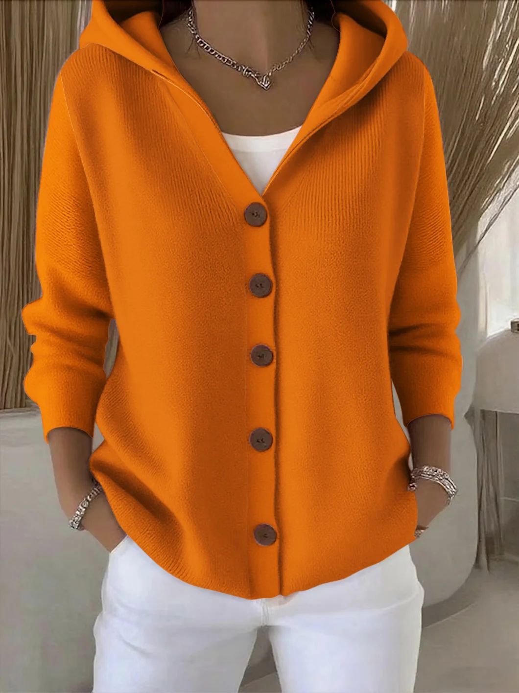 Ins Button Hooded Sweater Fashion Autumn And Winter Knitted Cardigan Casual Commuter Long Sleeve Top Women's Clothing - Namma Angadi