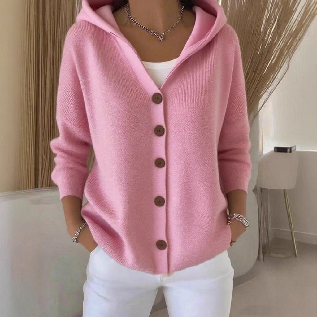 Ins Button Hooded Sweater Fashion Autumn And Winter Knitted Cardigan Casual Commuter Long Sleeve Top Women's Clothing - Namma Angadi
