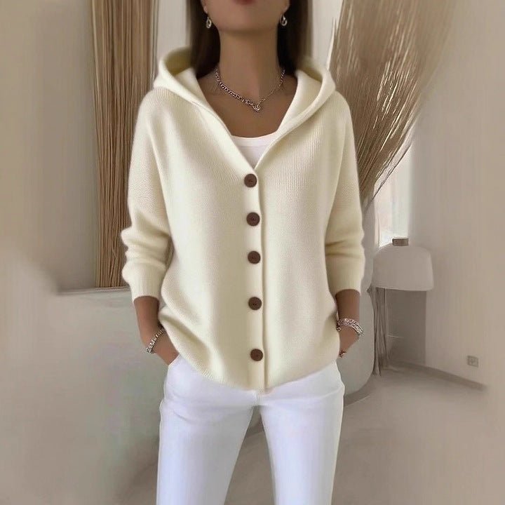 Ins Button Hooded Sweater Fashion Autumn And Winter Knitted Cardigan Casual Commuter Long Sleeve Top Women's Clothing - Namma Angadi