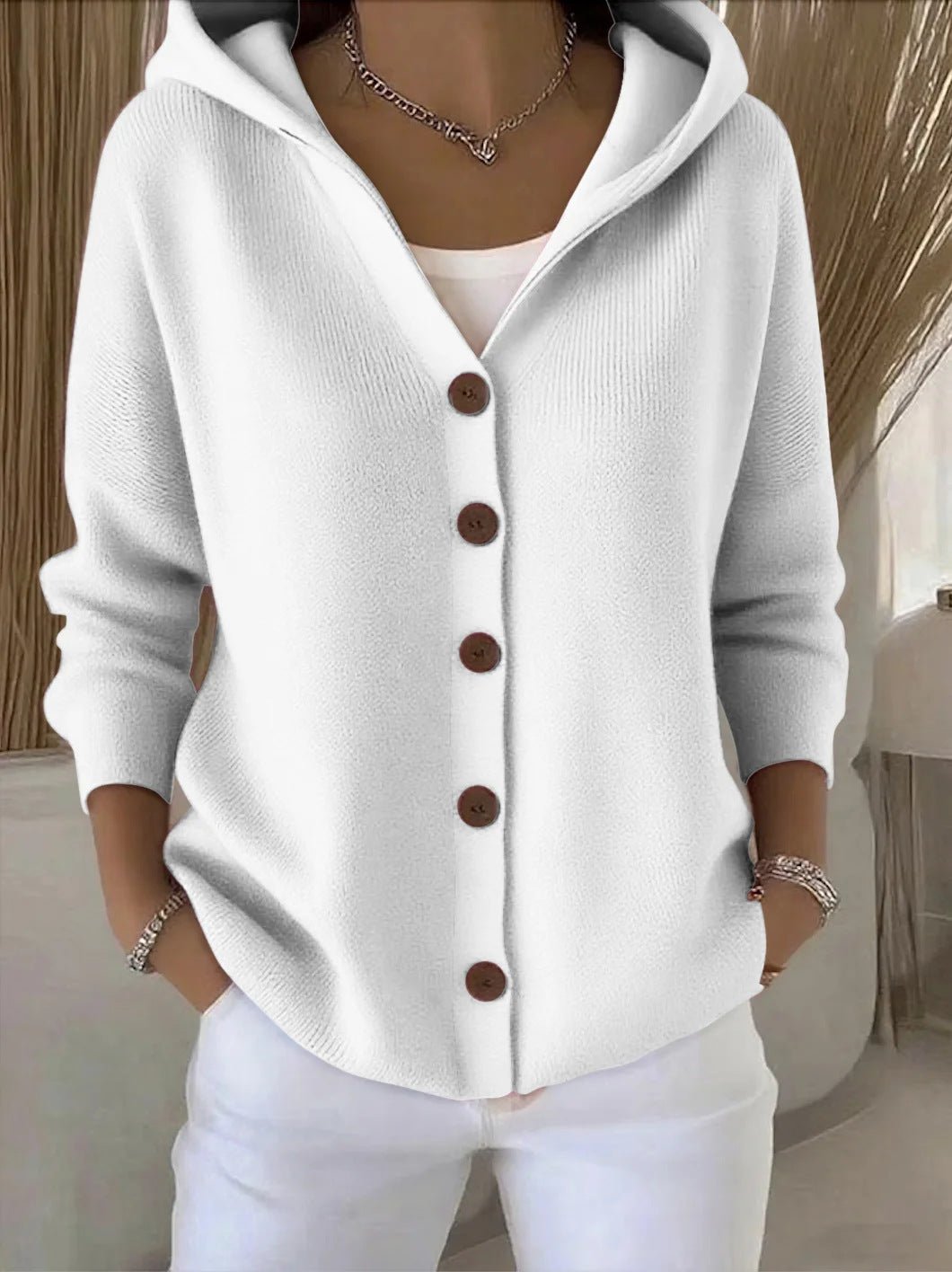 Ins Button Hooded Sweater Fashion Autumn And Winter Knitted Cardigan Casual Commuter Long Sleeve Top Women's Clothing - Namma Angadi
