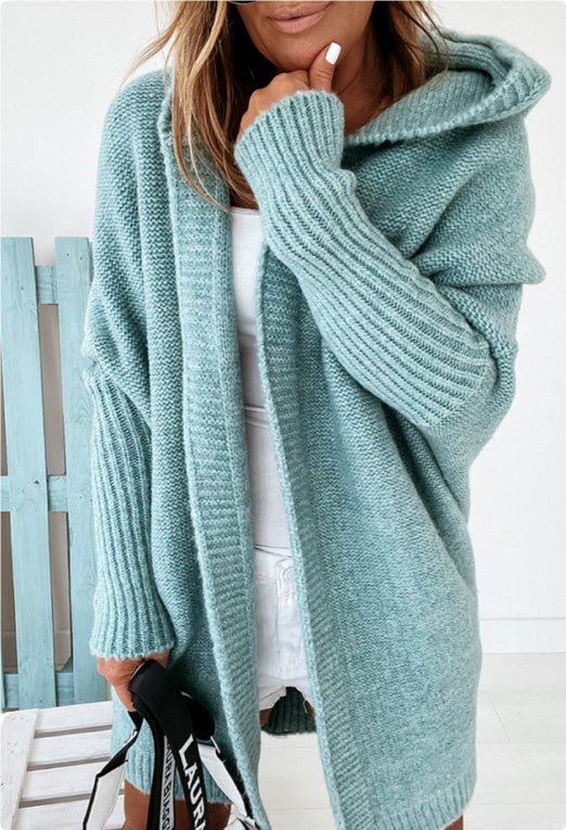 Ins Knitted Hooded Cardigan Fashion Loose Solid Color Batwing Sleeve Sweater Autumn And Winter Women's Clothing - Namma Angadi