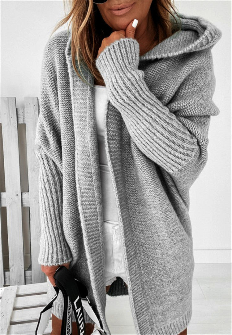 Ins Knitted Hooded Cardigan Fashion Loose Solid Color Batwing Sleeve Sweater Autumn And Winter Women's Clothing - Namma Angadi