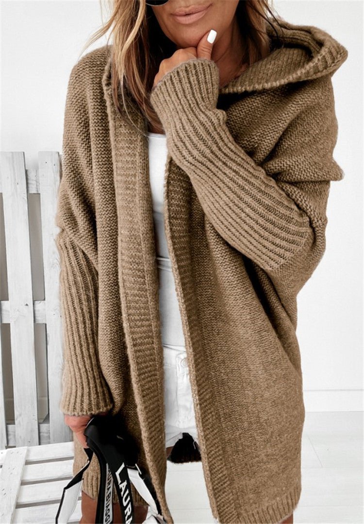 Ins Knitted Hooded Cardigan Fashion Loose Solid Color Batwing Sleeve Sweater Autumn And Winter Women's Clothing - Namma Angadi