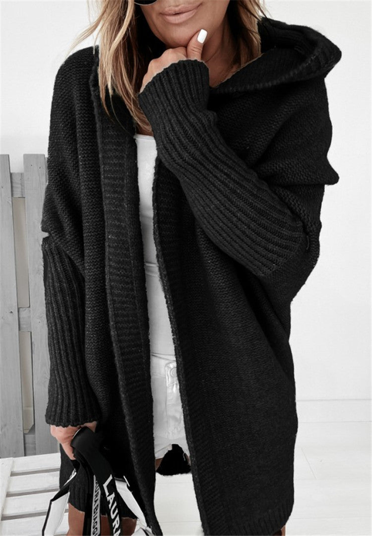 Ins Knitted Hooded Cardigan Fashion Loose Solid Color Batwing Sleeve Sweater Autumn And Winter Women's Clothing - Namma Angadi