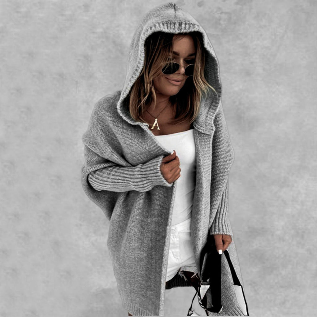 Ins Knitted Hooded Cardigan Fashion Loose Solid Color Batwing Sleeve Sweater Autumn And Winter Women's Clothing - Namma Angadi