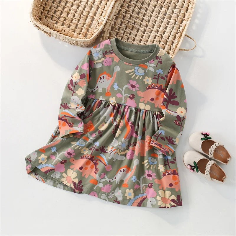 Jumping Meters 2 - 7 Hot Selling Princess Girls Dresses Dinosaurs Cotton Long Sleeve Children's Clothes Party Fashion Kids Frocks - Namma Angadi