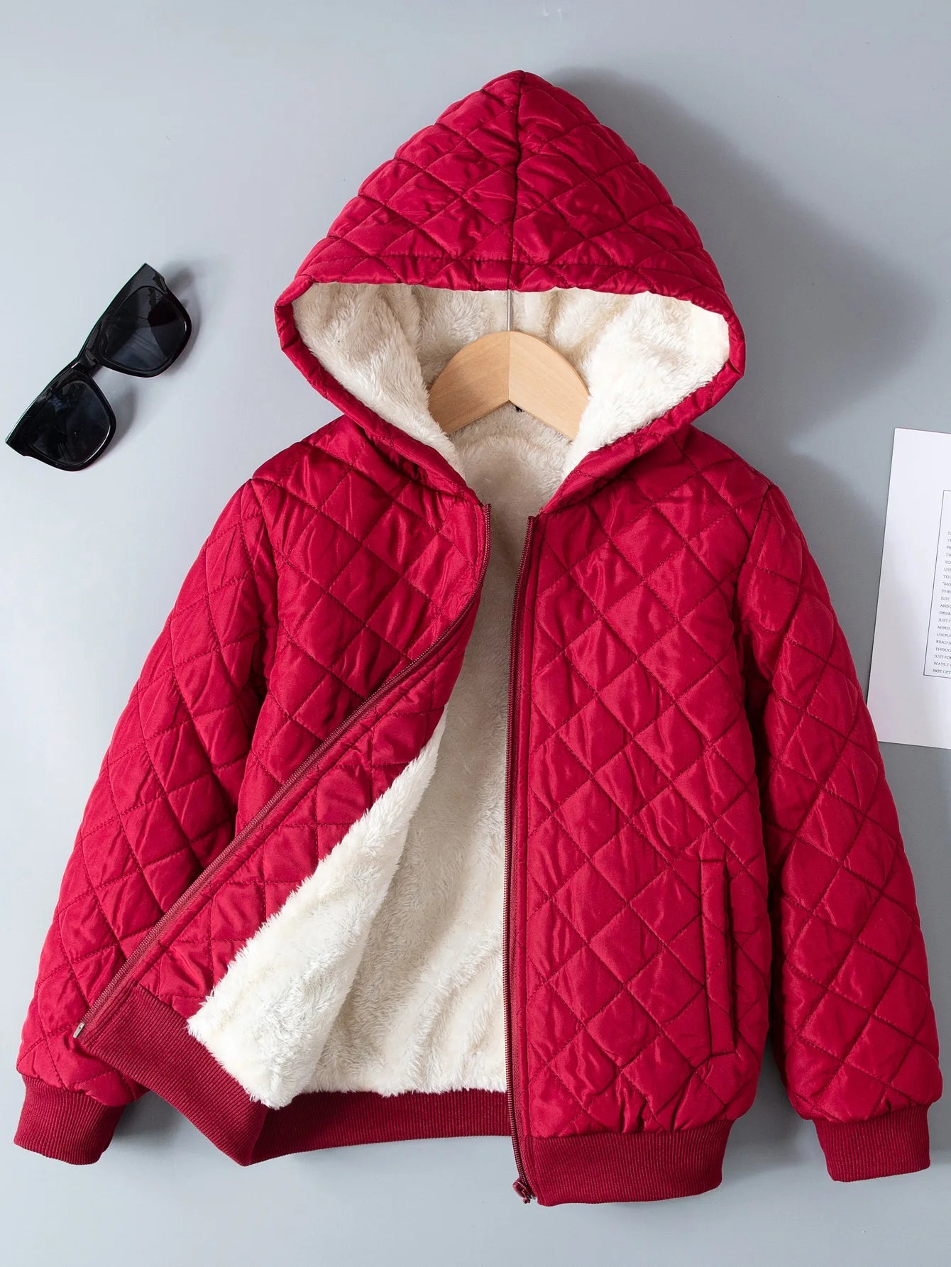 Kids Boys Teddy Lined Hooded Argyle Quilted Coat Fleece Zipper Artificial Jacket - Namma Angadi