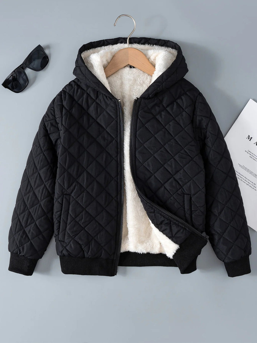 Kids Boys Teddy Lined Hooded Argyle Quilted Coat Fleece Zipper Artificial Jacket - Namma Angadi