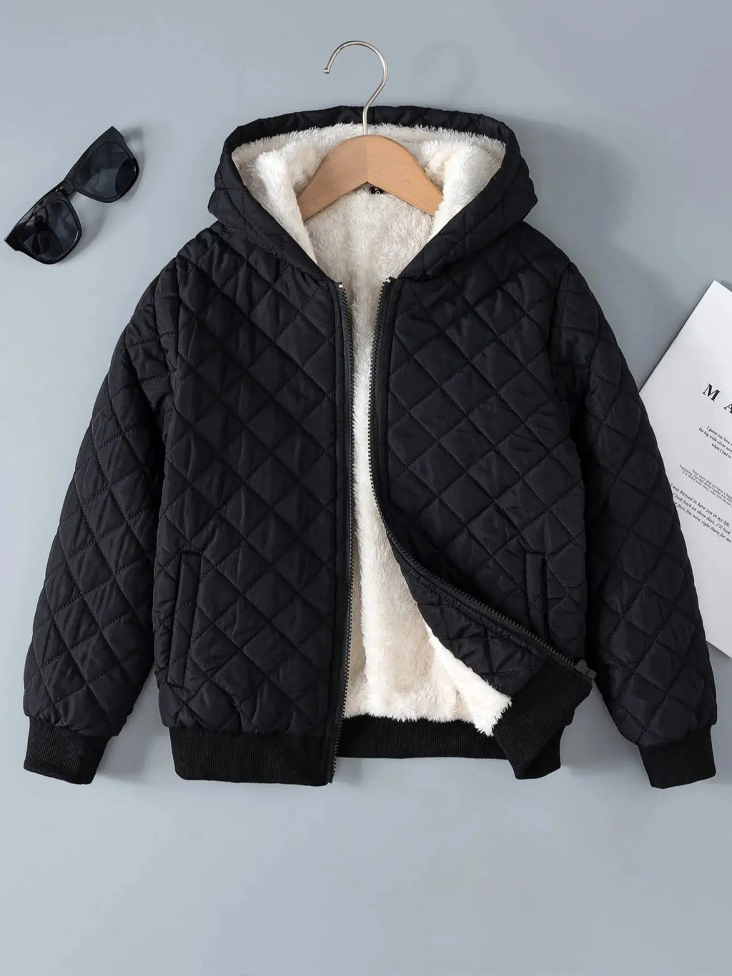 Kids Boys Teddy Lined Hooded Argyle Quilted Coat Fleece Zipper Artificial Jacket - Namma Angadi