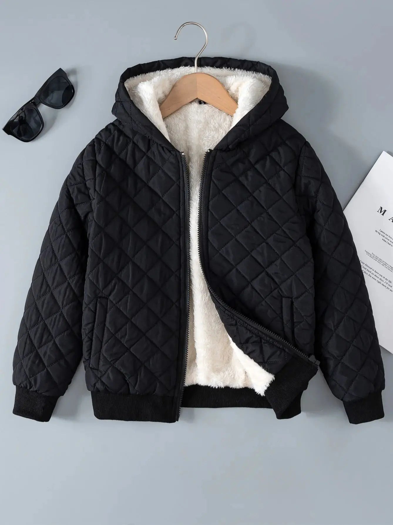 Kids Boys Teddy Lined Hooded Argyle Quilted Coat Fleece Zipper Artificial Jacket - Namma Angadi