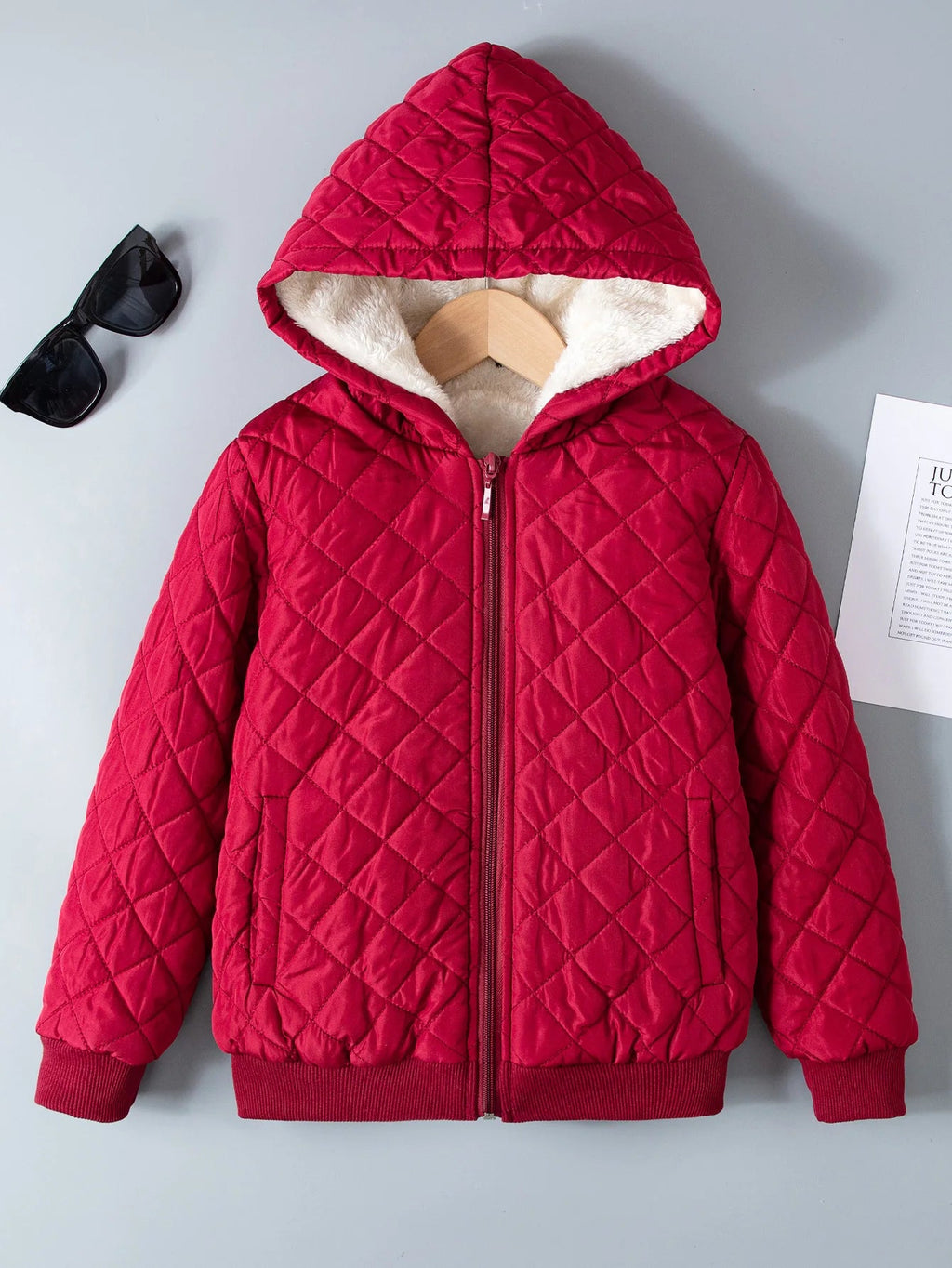 Kids Boys Teddy Lined Hooded Argyle Quilted Coat Fleece Zipper Artificial Jacket - Namma Angadi