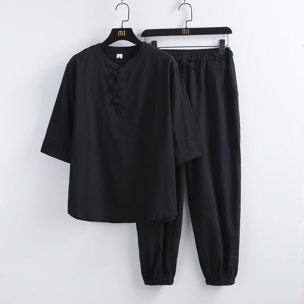 Linen Short Sleeve Suit Buckle Half Sleeve Hanfu Lay Buddhist Clothes - Namma Angadi