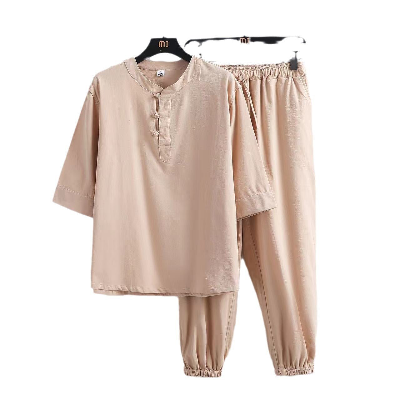 Linen Short Sleeve Suit Buckle Half Sleeve Hanfu Lay Buddhist Clothes - Namma Angadi