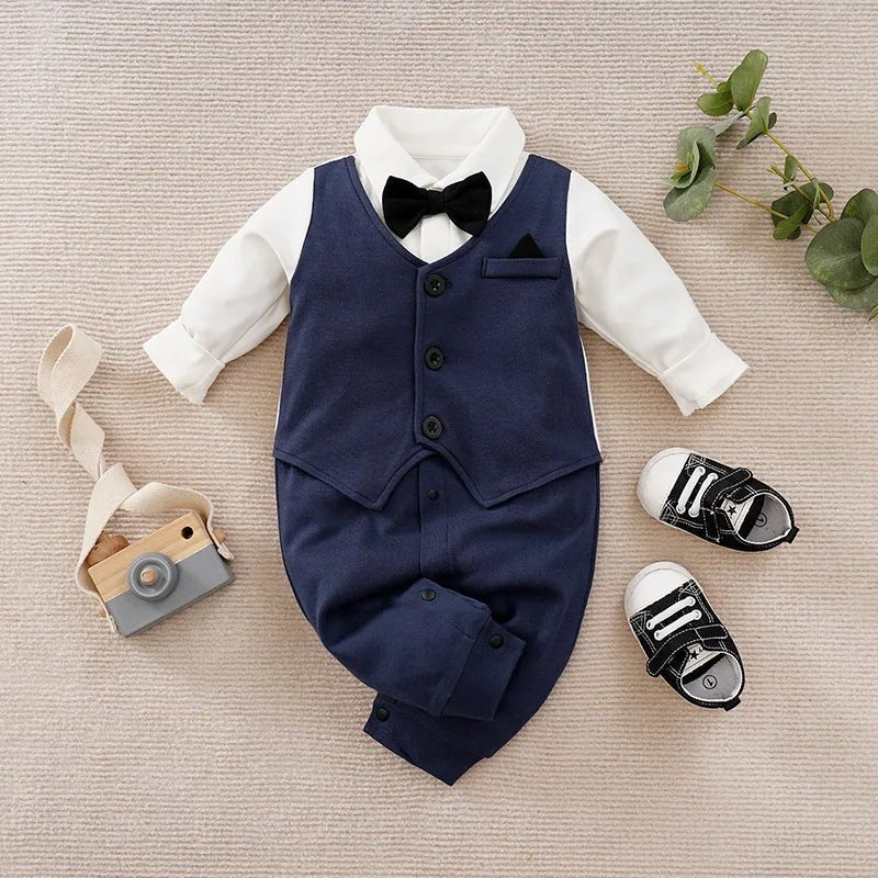 Male Baby Newborn Gentleman Style Crawling Clothes Comfortable Cotton Clothes Spring And Autumn Long Sleeved Baby Bodysuit - Namma Angadi