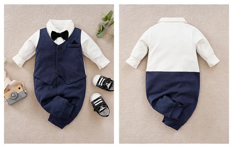 Male Baby Newborn Gentleman Style Crawling Clothes Comfortable Cotton Clothes Spring And Autumn Long Sleeved Baby Bodysuit - Namma Angadi