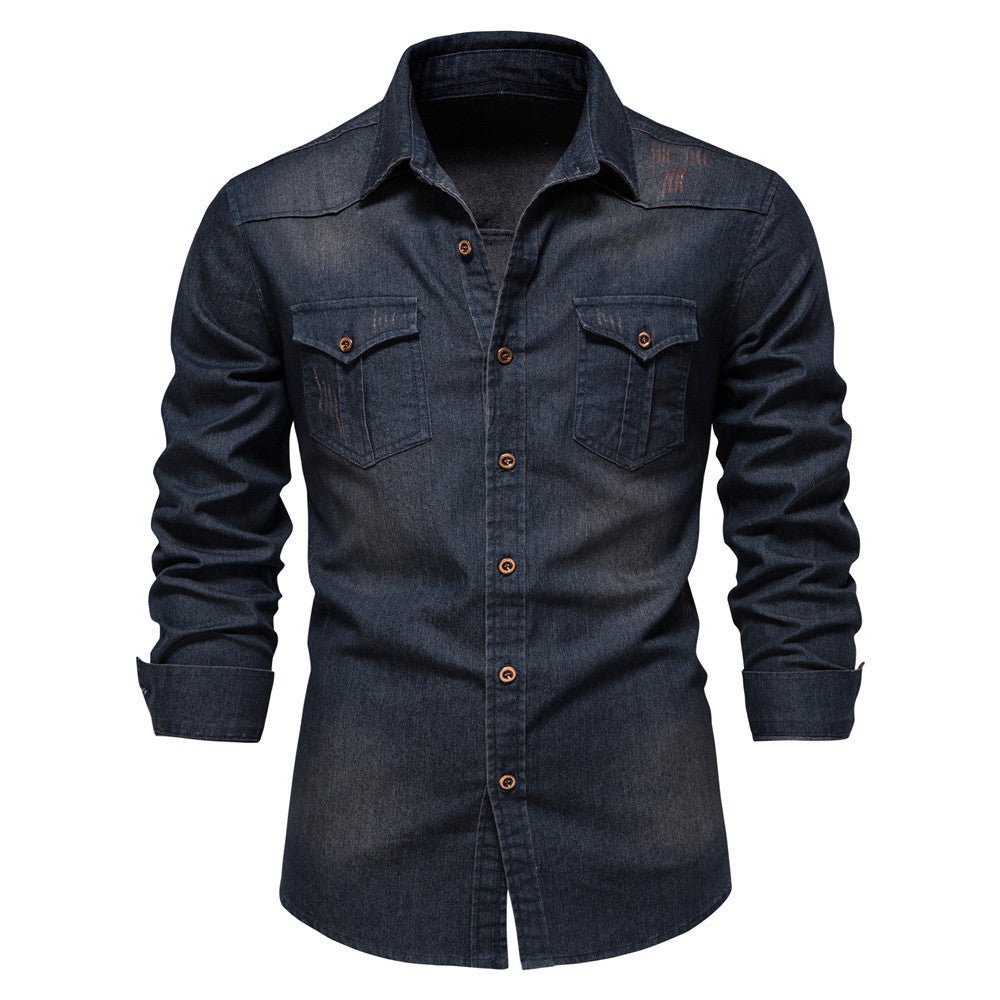 Men's Long - sleeved Denim Shirt Casual Solid Button Slim Tops Clothing - Namma Angadi