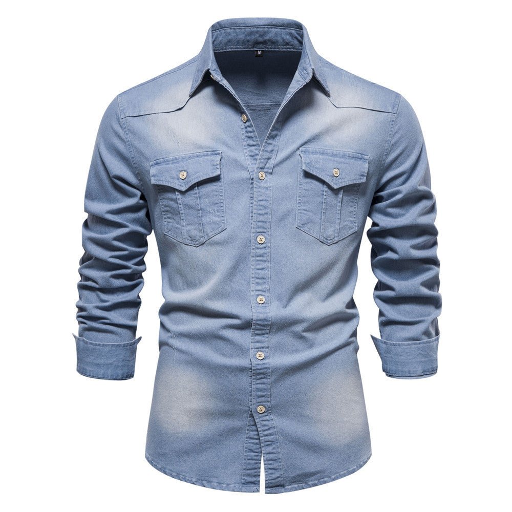 Men's Long - sleeved Denim Shirt Casual Solid Button Slim Tops Clothing - Namma Angadi