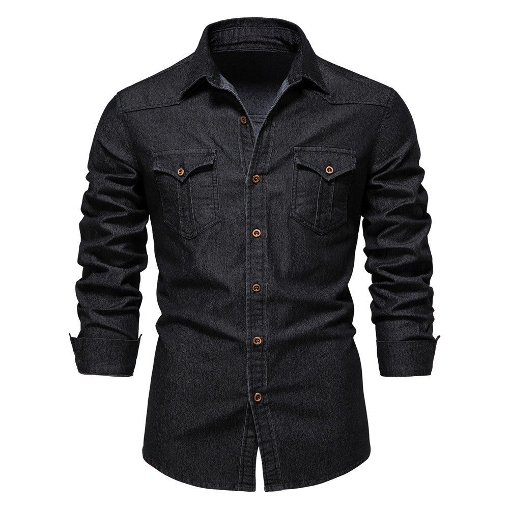 Men's Long - sleeved Denim Shirt Casual Solid Button Slim Tops Clothing - Namma Angadi