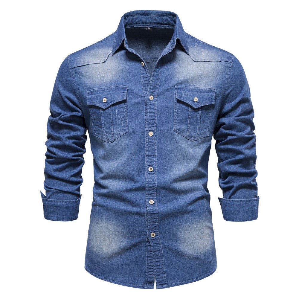 Men's Long - sleeved Denim Shirt Casual Solid Button Slim Tops Clothing - Namma Angadi