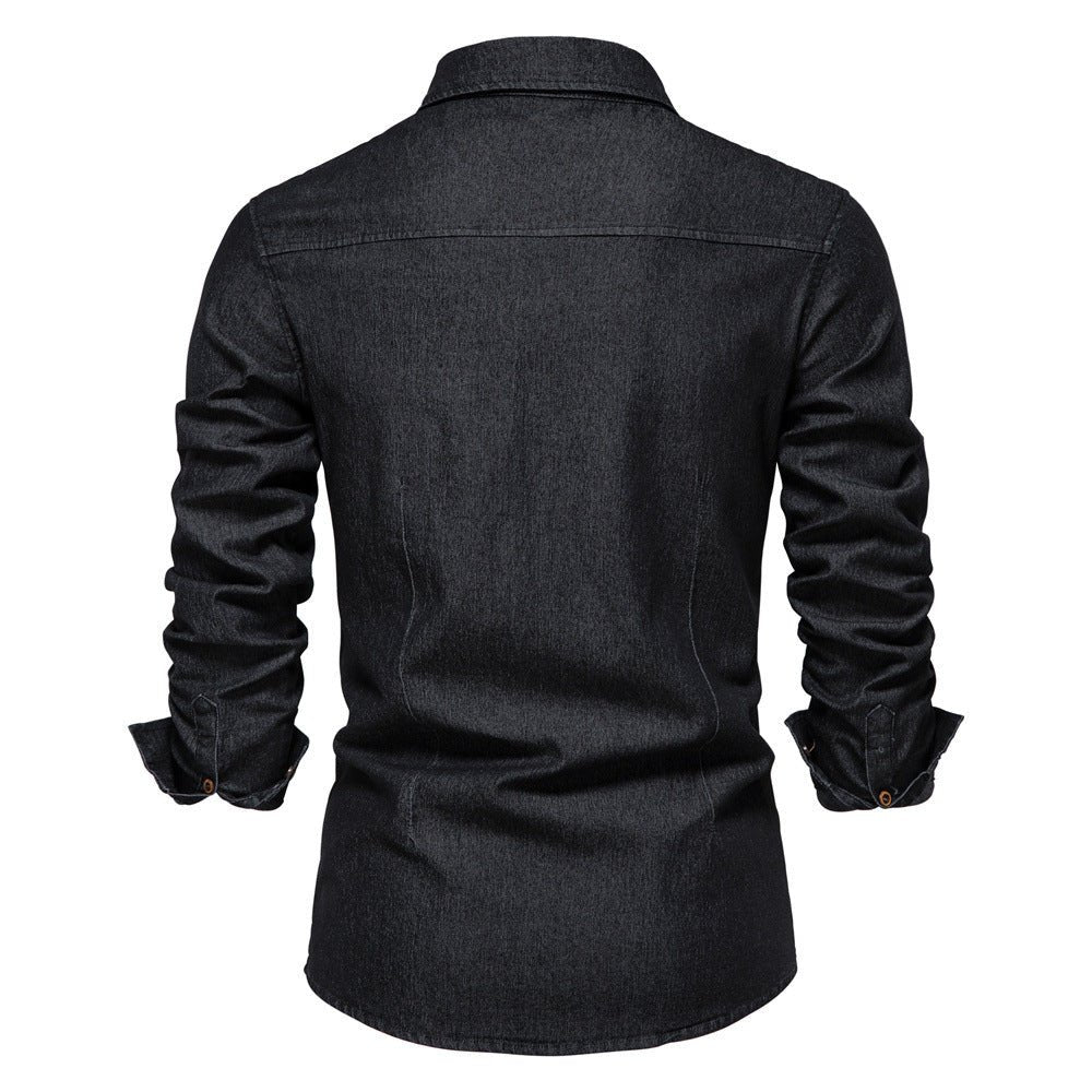 Men's Long - sleeved Denim Shirt Casual Solid Button Slim Tops Clothing - Namma Angadi