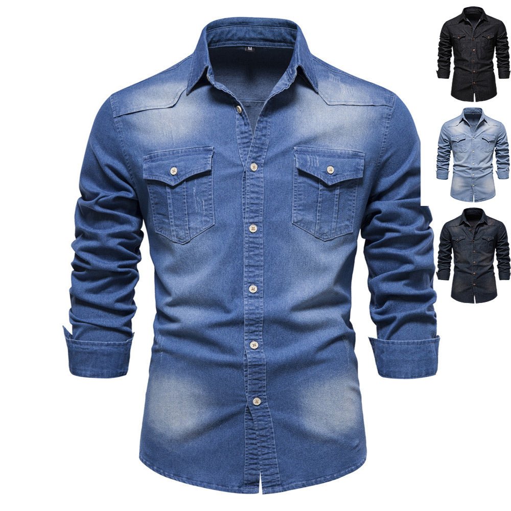 Men's Long - sleeved Denim Shirt Casual Solid Button Slim Tops Clothing - Namma Angadi